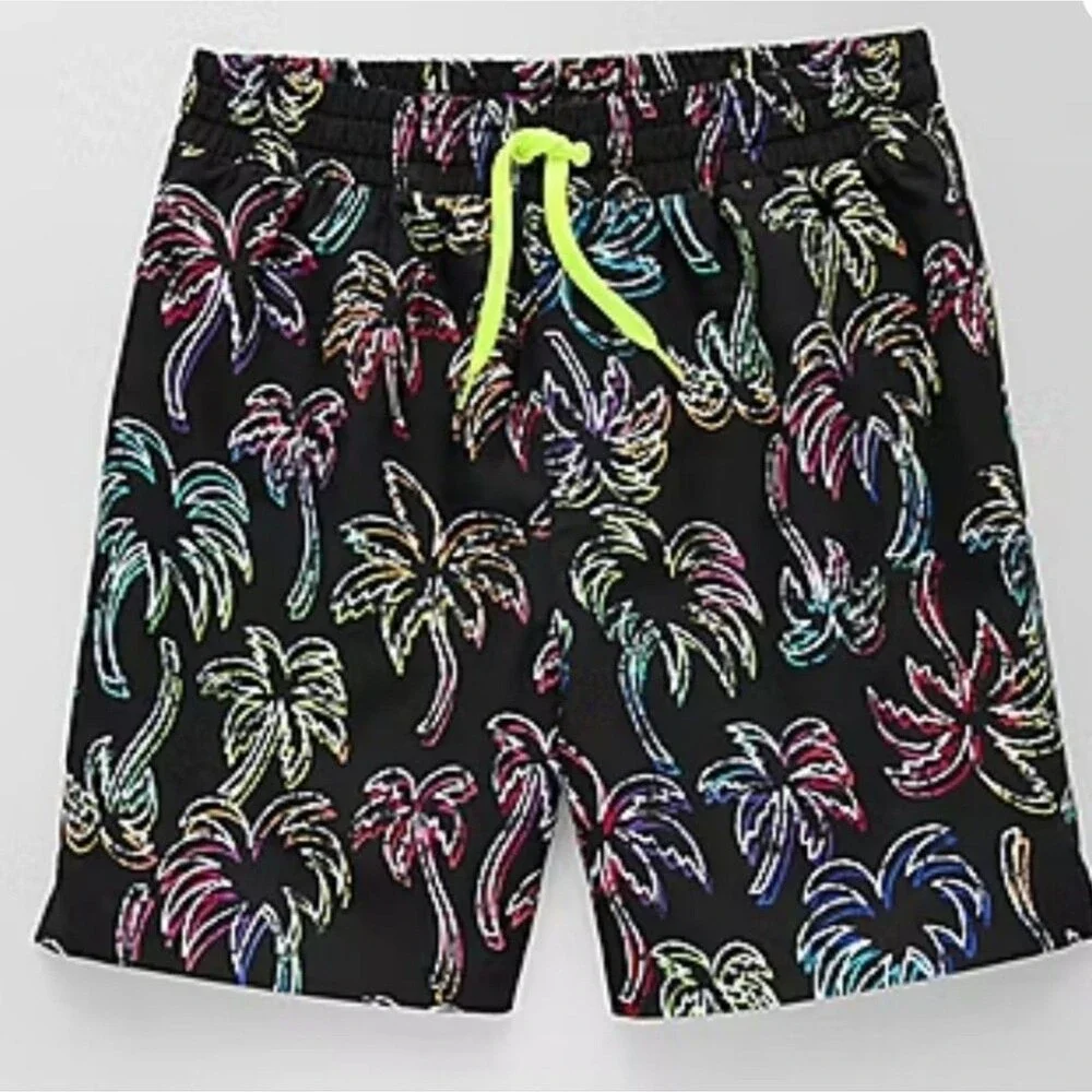 Thereabouts Boy's XL 18/20 Swim Trunks Short Boardshorts Black Palm Trees